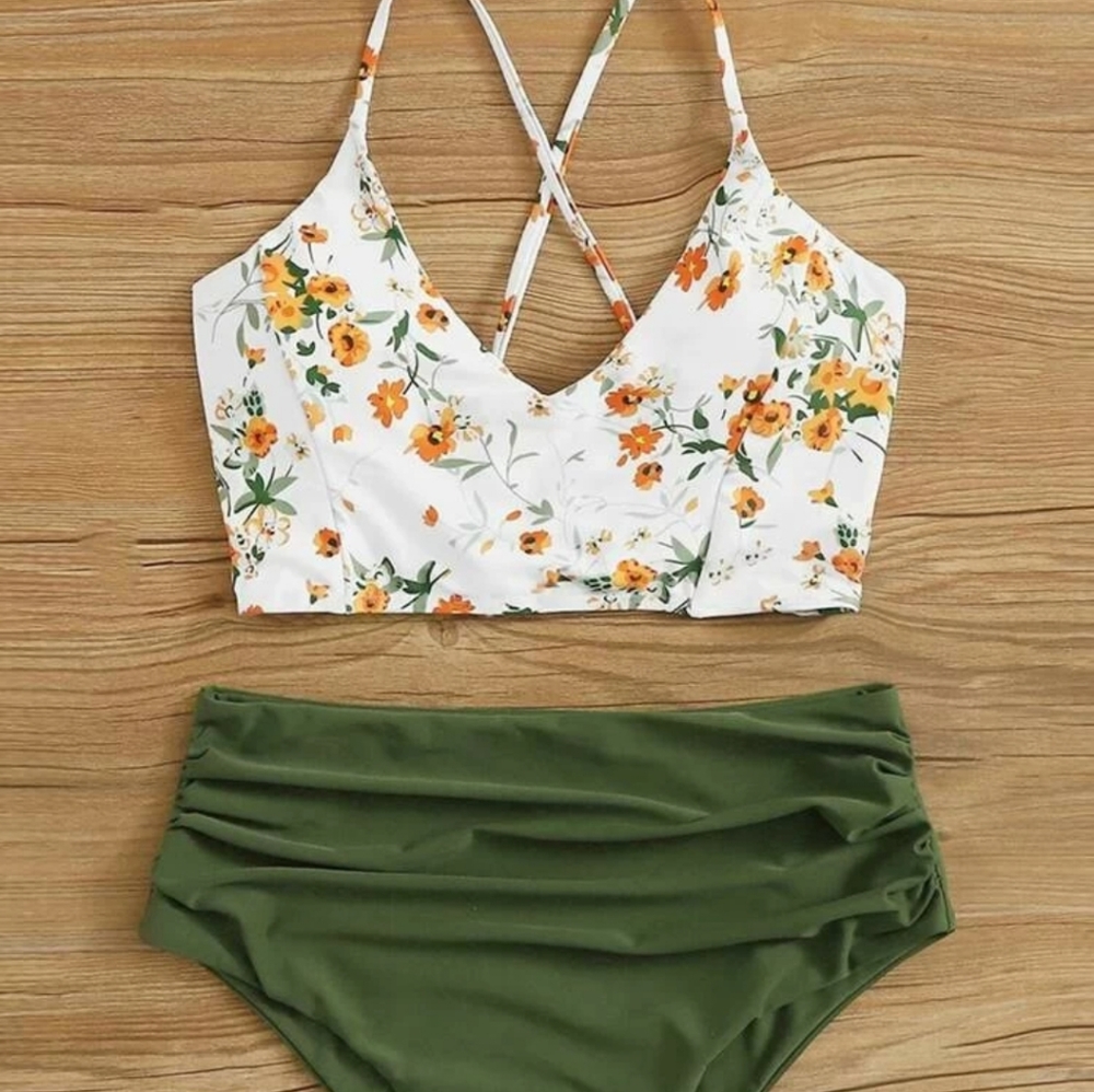 Floral Crisscross Ruched Bikini Swimsuit